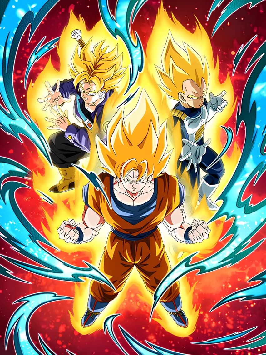 Three Great Super Saiyans Assemble Super Saiyan Goku & Super Saiyan Vegeta & Super Saiyan Trunks (Teen)